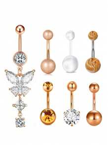 1 Set (7pcs) White Stone Butterfly Zirconia Navel Rings, Women Belly Button Piercing Crystal Navel Studs Body Jewelry Set