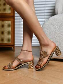 Women's Fashion Chunky Heel Sandals, Sexy New Open Toe High Heel Slides, Rhinestone Transparent Versatile Strap Slip On Shoes - Gold - View 4