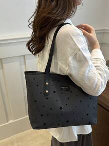 1pc Black PU Leather Zipper Pentagram Decor Fashion Versatile Casual Tote Bag, Suitable For Women Everyday Use - Black - View 2