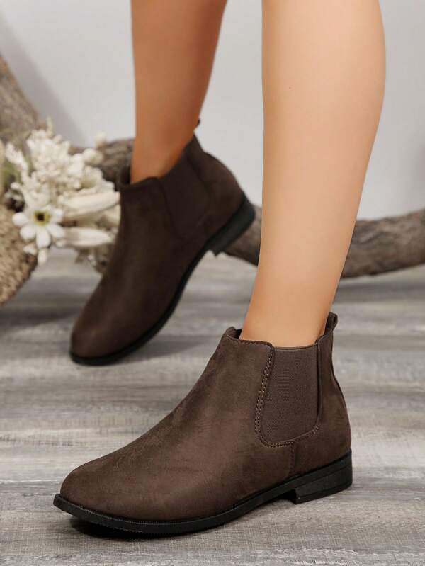 Botas curtas Chelsea de salto baixo e bico redondo retrô femininas, confortáveis, estilo britânico