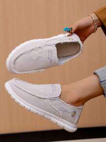 Embroidered Loafers For Teens - Unisex Casual Low-Top Canvas Shoes - Canvas Washed, Soft, Anti-Slip, Fashionable, Lightweight And Comfortable Shoes, Decorated With Floral Patterns