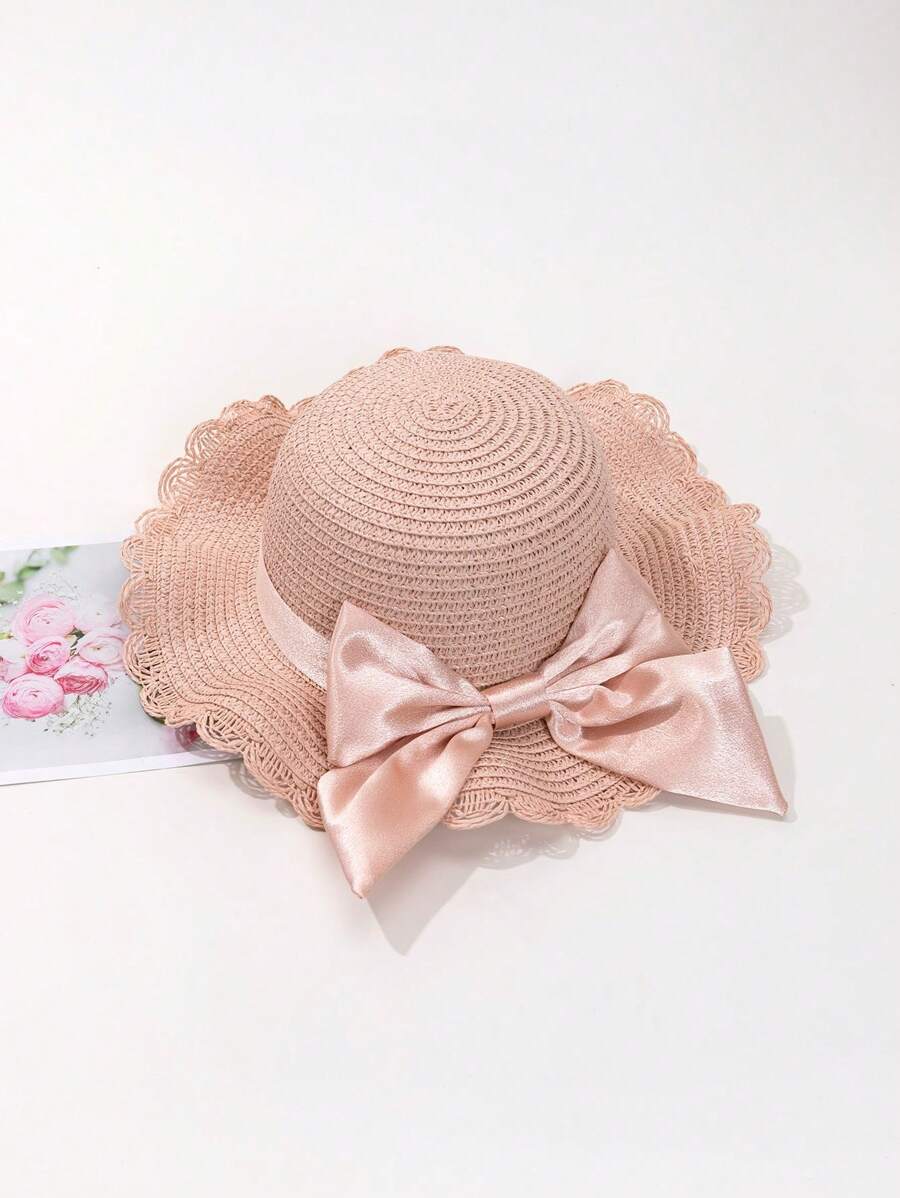 1pc Girls' Pink Satin Bow Decor Wavy Straw Hat, Sweet & Cute Sun Hat Suitable For Summer Outdoor, Daily, Vacation, Beach, UV Protection - Multicolor - View 1