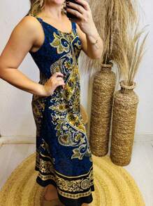 A-Line Dress With Arabesque Design - Màu xanh hải quân - Xem 4