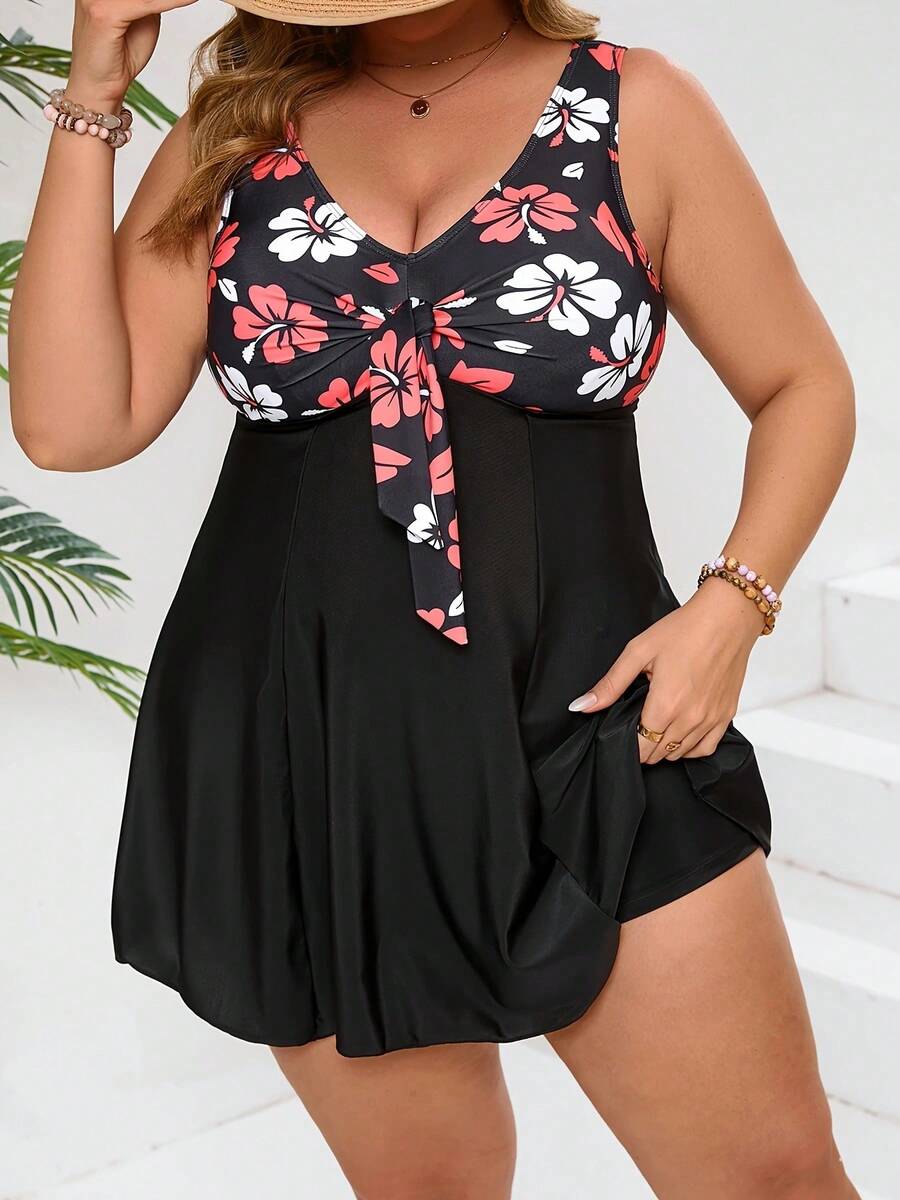 Neues Große Größen bedrucktes V-Ausschnitt Tankini Badeanzug 2-teiliges Set, Strand Outfit mit Shorts Tankini - Schwarz - Übersicht 1