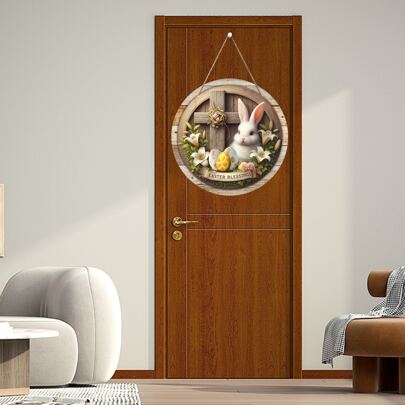 1 Piece Easter Wooden Round Welcome Sign Door Hanger, Creative Home Country Style Round Rabbit Sign Spring Wall Decor, Suitable For Home Decoration, Garden Decoration