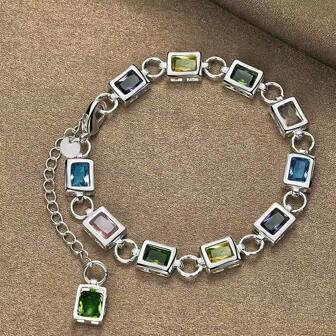 925 Sterling Silver Plated Square Inlaid With Multi-Color AAAAA Zirconia Chain Bracelet For Women Wedding Engagement Party Jewelry