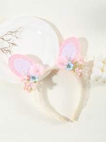 1pc Rabbit Ears Headband With Small Pink And White Flowers, Nature Style