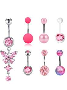 1 Set (7pcs) White Stone Butterfly Zirconia Navel Rings, Women Belly Button Piercing Crystal Navel Studs Body Jewelry Set