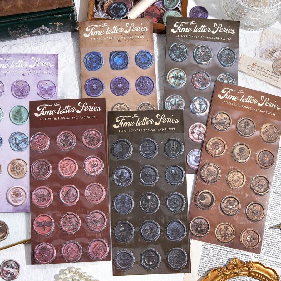 YANJI 1 包 15 张复古蜡封印章主题贴纸、创意美学贴纸贴花、DIY 剪贴簿工艺用品、节日礼物、个性化文具学校用品 - 彩色 - 查看 1