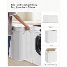 Laundry Hamper, 39.6 Gallons (150L), 3-Section Laundry Basket, Laundry Hamper With Lid, Bamboo, Foldable, Removable And Machine Washable Liner, For Laundry Room, Bedroom, White ULCB091W01