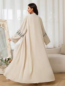 连衣裙女式春季时尚新款别致花卉刺绣长袖前开长袍伊斯兰服装腰带连衣裙长袍 Kafan