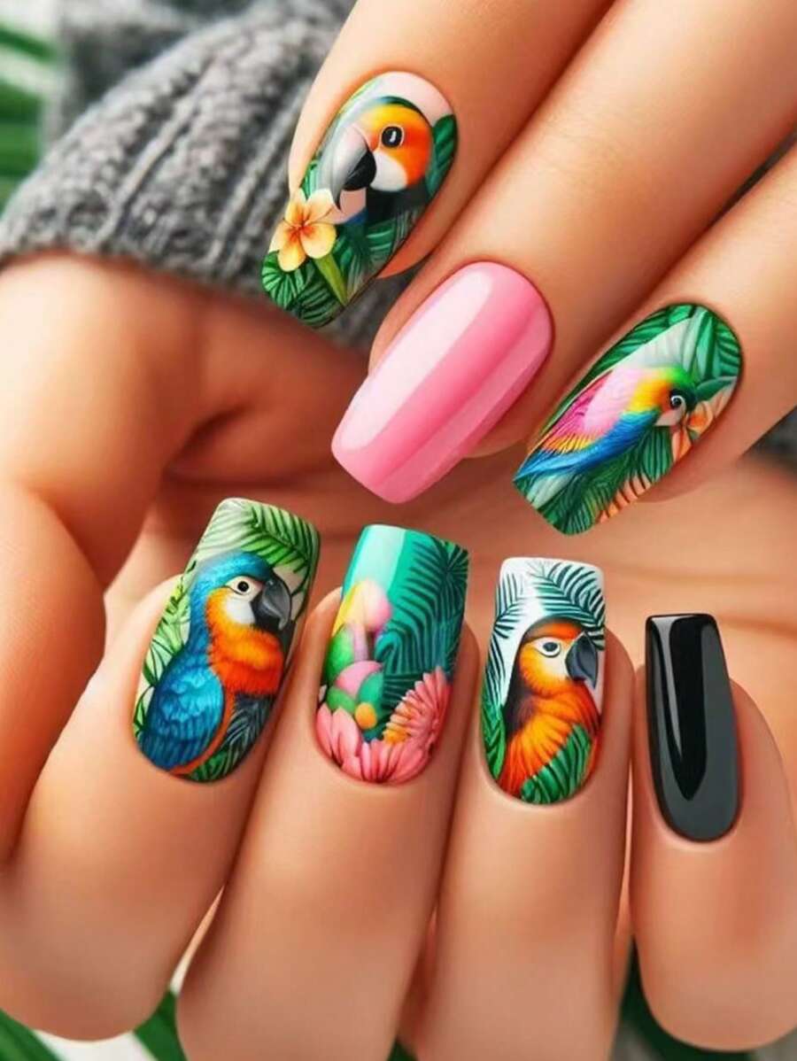 24pcs Elegant Cute Parrot Detachable Nail Stickers Press On Nails