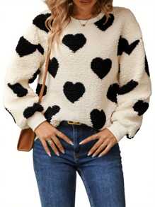 Women Sweatshirt, Long Sleeve Crew Neck Furry Heart Hoodie Pullover Fall Casual Tops - 黑色 - 查看 2