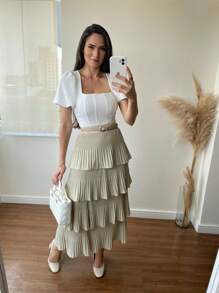 Pleated Skirt With 4 Ruffles, 4 Marias, 4 Layers - Beige - View 2