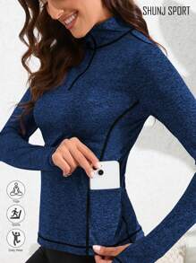 带侧袋的女士运动运动衫、带拇指孔的 1/4 拉链瑜伽长袖上衣、女士户外运动跑步拉链 T 恤、半拉链女士运动健身服