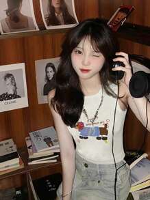 可爱腊肠犬印花短款背心，修身学院风女式无袖衬衫，凸显身材 - 白色 - 查看 5