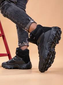 Men's Outdoor Hiking Anti-Slip Boots, Solid Color Leather Upper Comfortable Mid-Calf Military Boots, Spring/Summer - Black - View 5