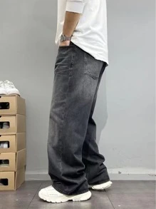 Teen Boys' Spring/Autumn American Style Black Washed Denim Jeans, Casual Straight Leg Pants - Black - View 5