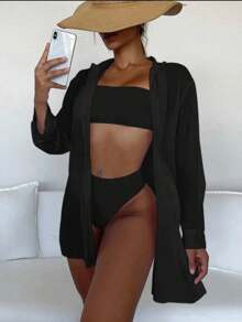 Women's Short Kimono Beach Cover-Up Simple Long Sleeve Shirt Women's Summer Fashion Without Button - 黑色 - 查看 1