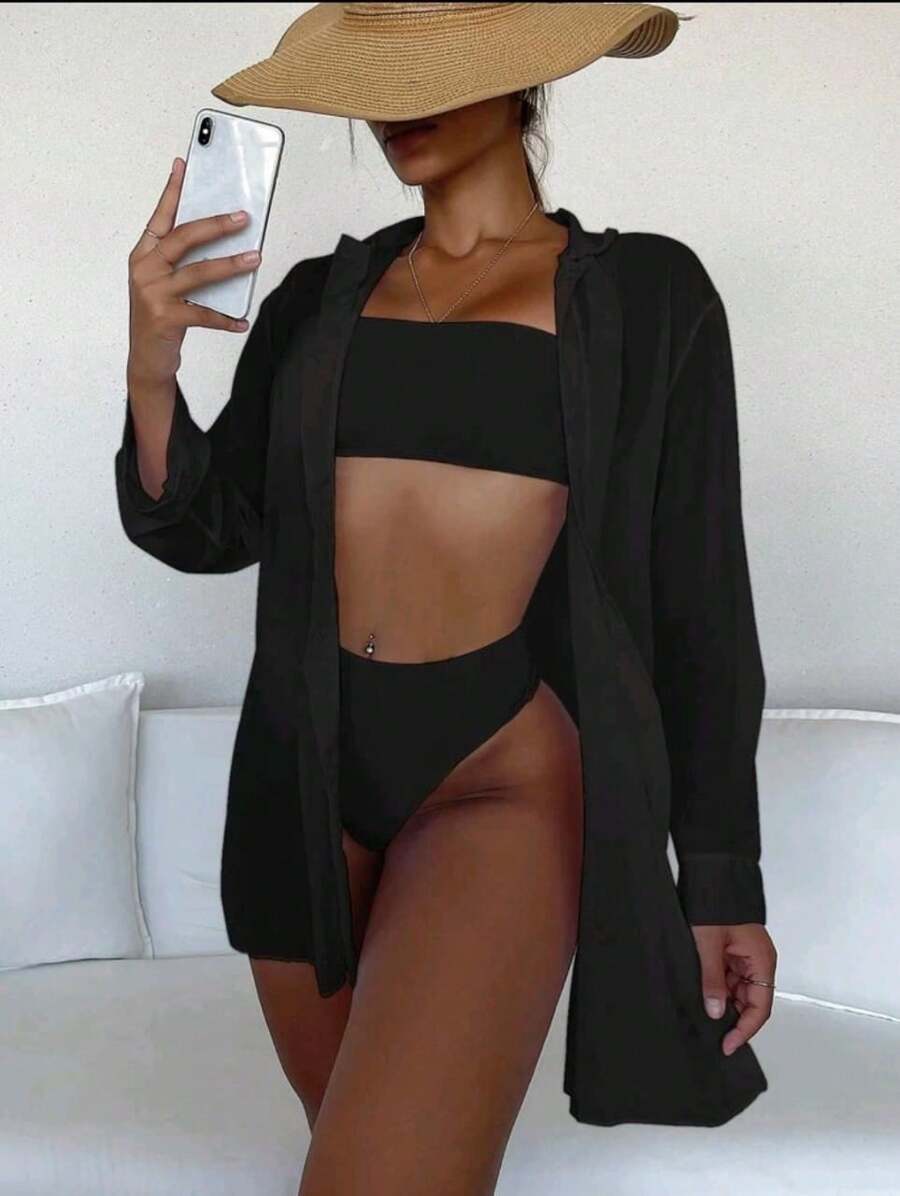 Women's Short Kimono Beach Cover-Up Simple Long Sleeve Shirt Women's Summer Fashion Without Button - 黑色 - 查看 1