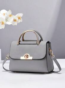 金属装饰方形手提包、翻盖拼色单肩包、女式带扣装饰单肩包、女式小号斜挎钱包和手提包、PU 皮革翻盖钱包 - 淺灰色 - 查看 1