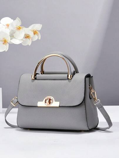 Metalldekor fyrkantig handväska, Flap Color Block Axelväska, Dam Spänne Decor Axelväska, Liten Crossbody plånbok och handväska för kvinnor, Plånbok med lock i PU-läder