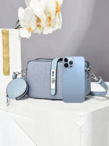2pcs PU Plaid Handbag Set, Includes Coin Purse & Card Holder, Elegant Fashion Satchel Bag, Multifunctional Large Capacity Shoulder Bag, Stylish Design, New Plaid Purse Small Square Bag, Versatile Casual Tote Bag With Detachable Strap, Suitable For Travelling, Shopping, Suitable For Women