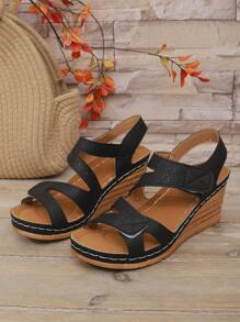 Women's Hook And Loop Hollow Ankle Strap Sandals, Summer New Elegant Outdoor Wedge Sandals With Thick Waterproof Platform, Simple Sports Style Black Sandals, Vacation Casual Roman Gladiator Sandals, Beach Holiday Ladies Sandals