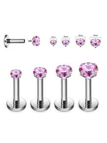 4pcs Stainless Steel Labret Stud Lip Rings With Cubic Zirconia, Body Piercing Jewelry Without Threading For Women - Multicolor - View 14