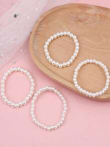 5pcs White Pearl Bracelet Sets, Everyday Wear For Girl - White - View 3