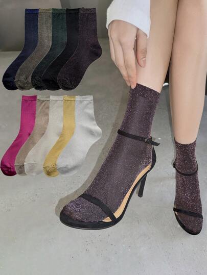 1 Pair/4 Pairs/5 Pairs Women Metallic Shimmer Mid-Calf Socks, Thin Lightweight Shiny Ribbed Socks, Spring & Summer
