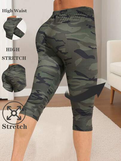 Leggings de moda casual para mujer, pantalones ajustados y transpirables, estilo europeo y americano con estampado de camuflaje, adecuados para hacer ejercicio en casa, yoga, actividades al aire libre como playa, viajes, senderismo, campamento, longitud capri
