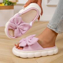 1 Pair Cute Solid Color Bow Cloth Lady House Slippers, Thick Anti-Slip Soft EVA Sole, Breathable Comfort Vamp, Suitable For All Seasons