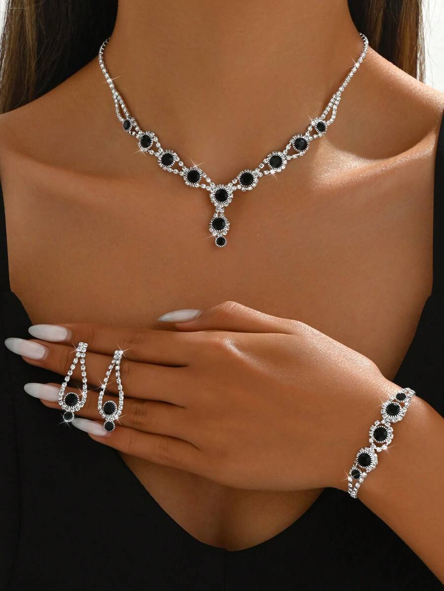 4 件套女士新娘首饰套装 - 项链、耳环、手链、几何图案、优雅、婚礼季节 - 黑色 - 查看 1