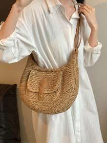 Fashionable Retro Large Capacity Woven Beach Bag, Shoulder Crossbody Straw Bag For Vacation, Eye-Catching Beach Bag Summer, Summer Straw Beach Bag For Women, Fashion Summer Vacation Bag, Beach Essentials Women Bags For Vacation & Holiday