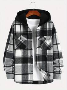 Men Plaid Color Block Drawstring Hooded Design Casual College Style 2 In 1 Streetwear Hooded Jacket, Fashionable For Daily, Spring & Autumn - Black - View 1