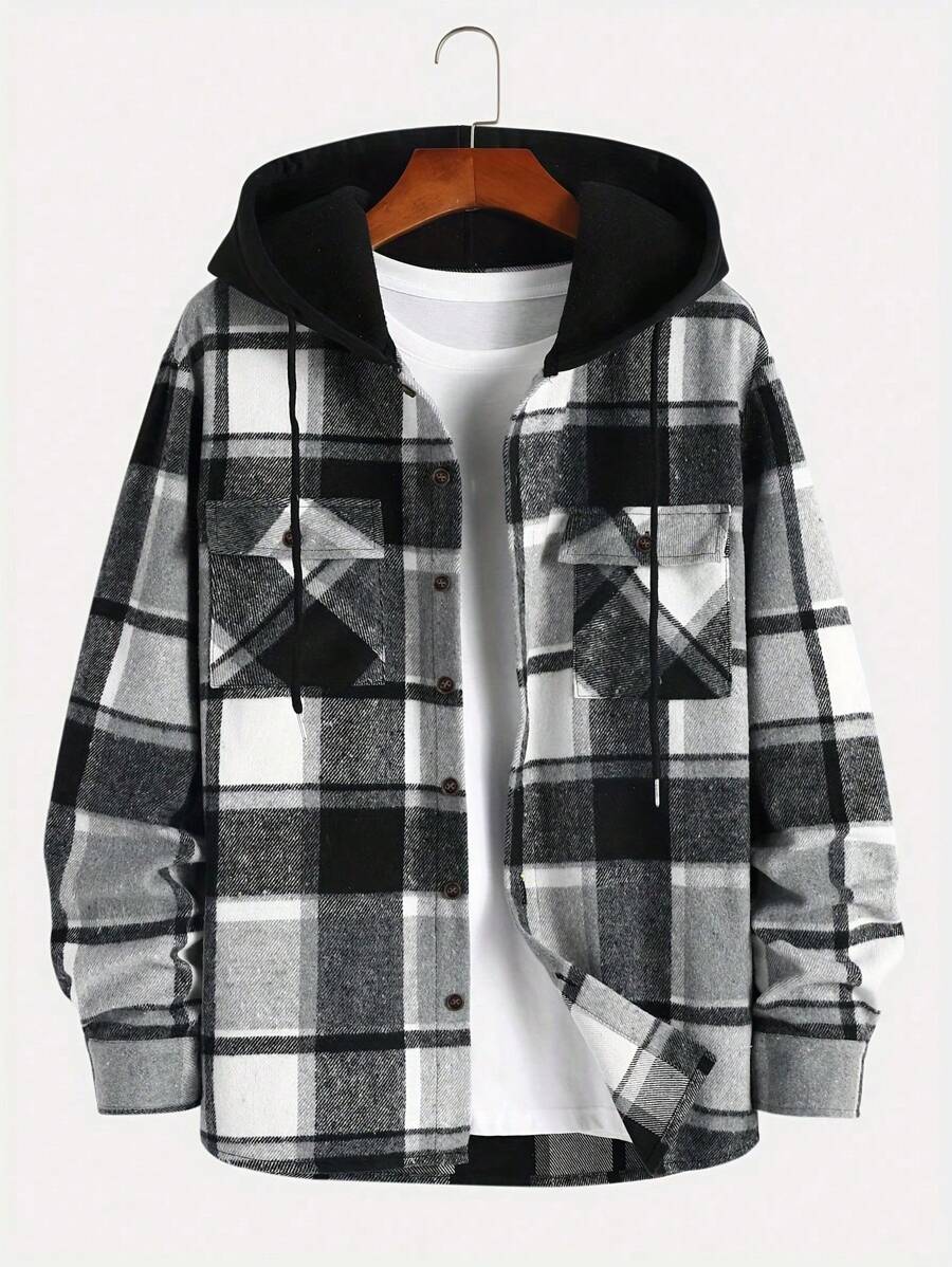 Men Plaid Color Block Drawstring Hooded Design Casual College Style 2 In 1 Streetwear Hooded Jacket, Fashionable For Daily, Spring & Autumn - Black - View 1