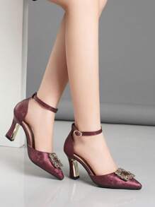 Women's High Heel Square Toe Pumps, Chunky Heel Peep Toe, Rhinestone Decor