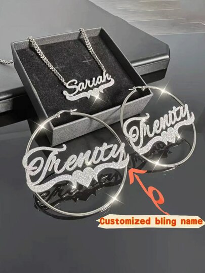 Custom Chic Girl's Fashion Hoop Earrings, Customized Sparkling Name, Elegant/Bohemian Style, Perfect For Daily Wear And Gift Giving, Personalized Ribbon Heart-Shaped Name Design, Suitable For Birthdays, Graduations, Celebrations, Gifts Earrings | Customized Name Earrings,Multi-Functional,Ornamental,Letter,Stylish,Modern,Colorful,Cute,Adorable,Casual,Custom,Personalised,Unique,Customized,Ideal Gifts For Him,Ideal Gifts For Her