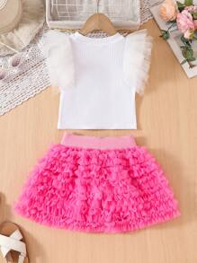 2pcs/Set Young Girl Mesh Patchwork Cap Sleeve T-Shirt + Tutu Skirt