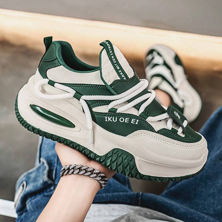 男士时尚新款皮革休闲鞋，百搭厚底舒适厚底运动鞋，奢华鞋，运动休闲鞋 - 綠色 - 查看 1