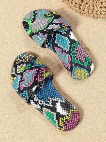 2025 New Snake Skin Pattern Girls Flat Sandals, Fashion & Versatile Open Toe Non-Slip Strap Flat Slippers - Multicolor - View 1