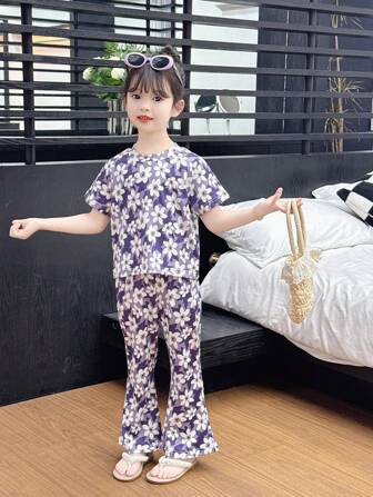 两件套女童碎花短袖上衣日常休闲户外喇叭裤儿童针织印花套装