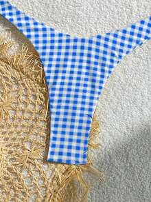 Women's Printed Fashionable Yellow Plaid Pattern Mini Triangle Bikini Set, Suitable For Summer Swimwear - Blue - View 5