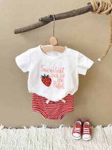 2 Stücke/Set Baby Mädchen rosa Erdbeere Stickerei Buchstaben Muster Kurzarm T-Shirt + Shorts, Sommer - Rot - Übersicht 4