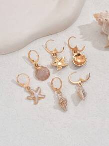 3 对海星、贝壳、蜗牛形油滴耳环套装，女士可爱海滩度假珠宝套装