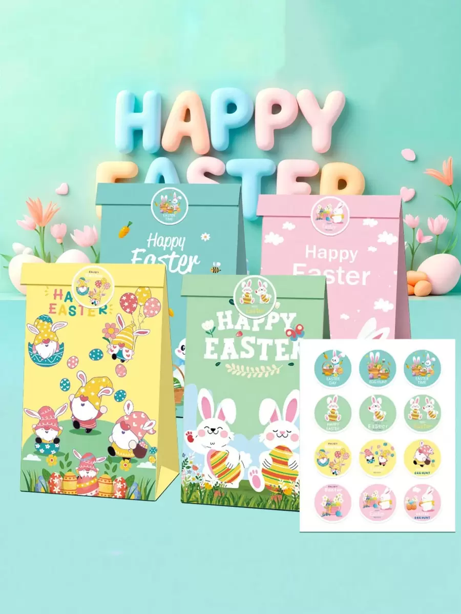 12个斋月礼品袋+贴纸，兔子复活节彩蛋礼品袋，可折叠糖果袋，适合节日派对礼品 - 彩色 - 查看 1