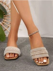 Women's One-Toe Strap Rhinestone Decor Sandals, Summer Casual Versatile Outdoor Flat Plastic Slippers - Khaki - View 6