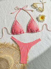 Women's Printed Fashionable Yellow Plaid Pattern Mini Triangle Bikini Set, Suitable For Summer Swimwear - Red - View 2