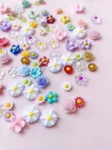 Estilos de primavera y verano Decoración de uñas DIY Flores tridimensionales de ciruelo, frangipaní, rosas, margaritas, hermosa y encantadora decoración de flores de resina 3D de primavera y verano 1 paquete, mezcla de varios estilos 50 piezas